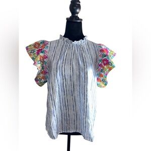 THML White and Blue Striped Top with Multi-color Embroidered Flutter Sleeve Sz M